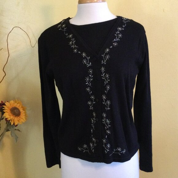 Joan Leslie Petite Sweaters - Joan Leslie Petite Millennium 2000 Black Beaded Sweater